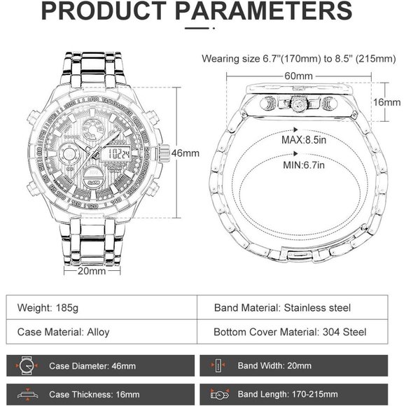 Men Luxury Stainless Steel Analog Digital Sport Waterproof Big Heavy Wristwatch - Picture 3 of 7